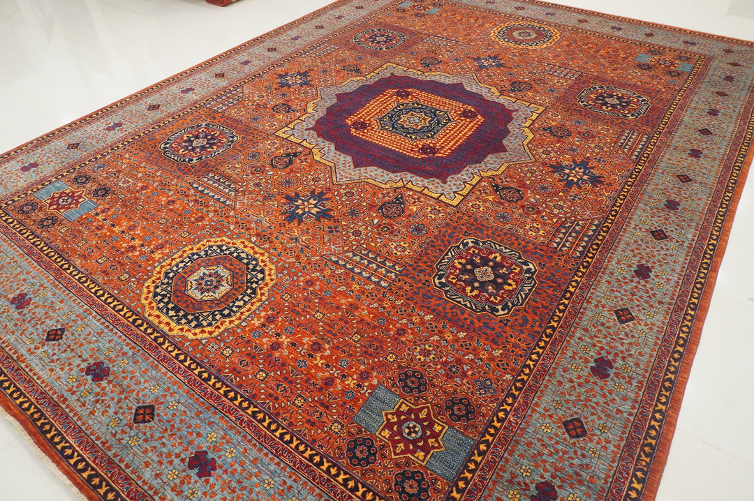 10x14 Rusty Orange Mamluk Turkish Hand knotted Geometric Rug - Yildiz Rugs