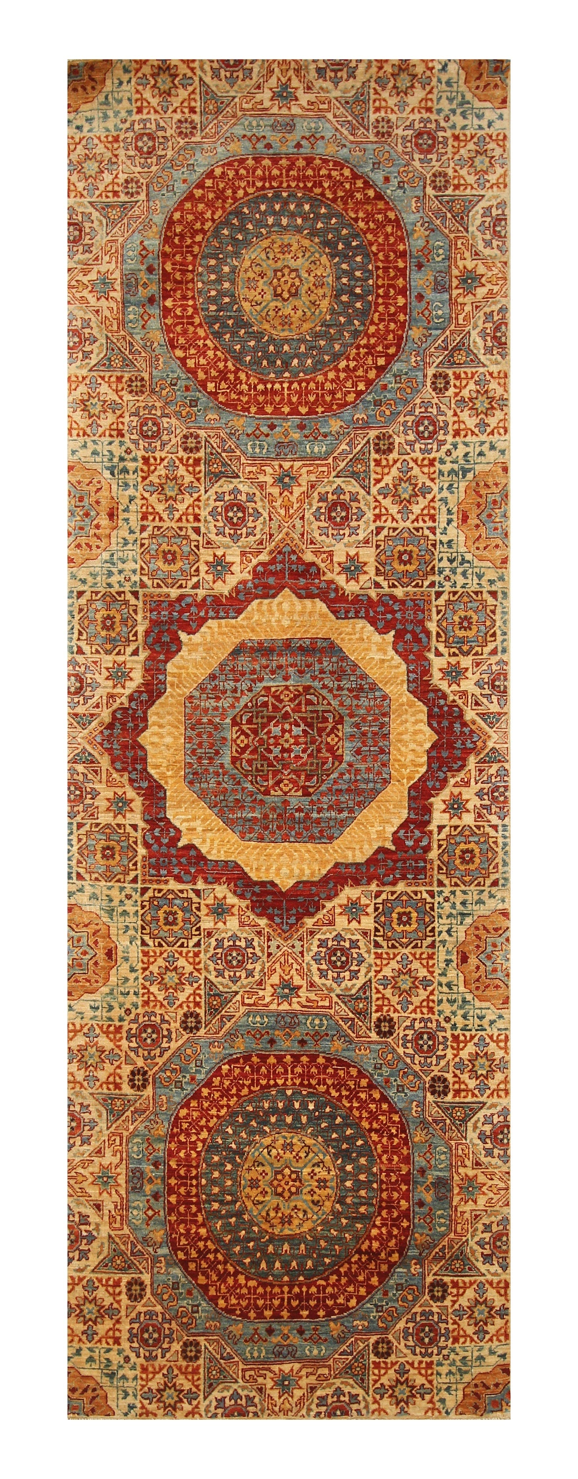 8 ft Beige Mamluk Hand knotted Wool Turkish Medallion Runner Rug - Yildiz Rugs