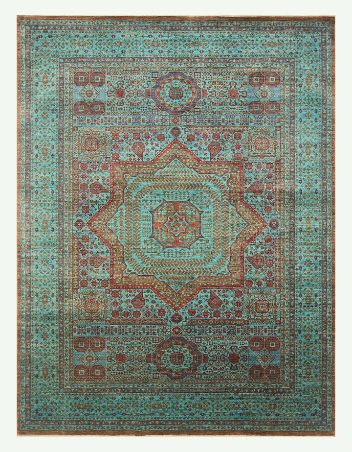 6x8 Turquoise Blue Mamluk Turkish Hand Knotted Geometric Medallion Rug - Yildiz Rugs