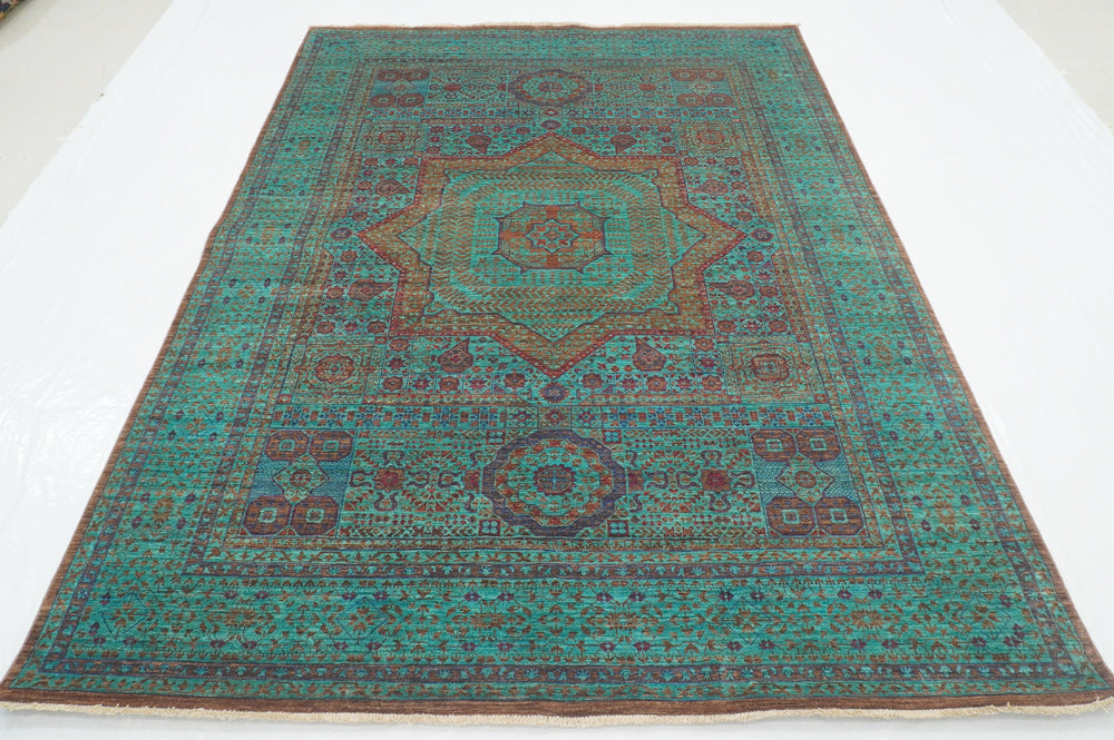 6x8 Turquoise Blue Mamluk Turkish Hand Knotted Geometric Medallion Rug - Yildiz Rugs