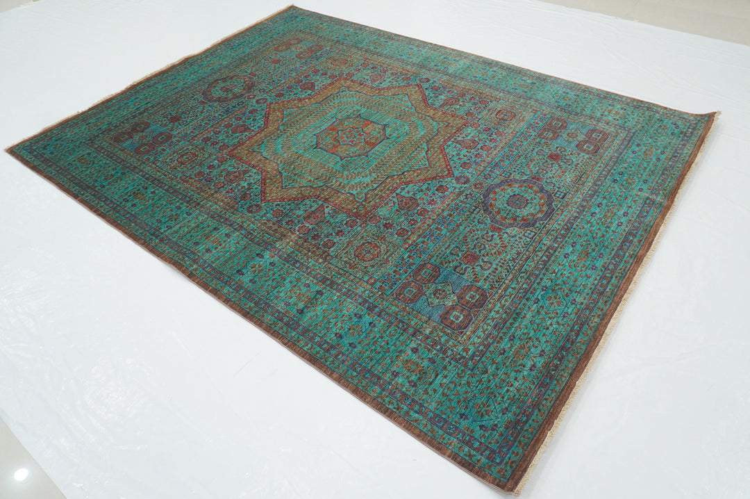 6x8 Turquoise Blue Mamluk Turkish Hand Knotted Geometric Medallion Rug - Yildiz Rugs