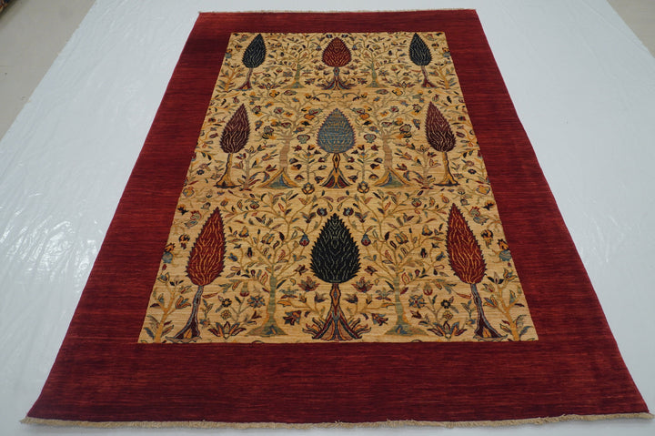 6x8 Tree of Life Garden Beige Red Afghan Hand knotted Wool Tribal Rug - Yildiz Rugs