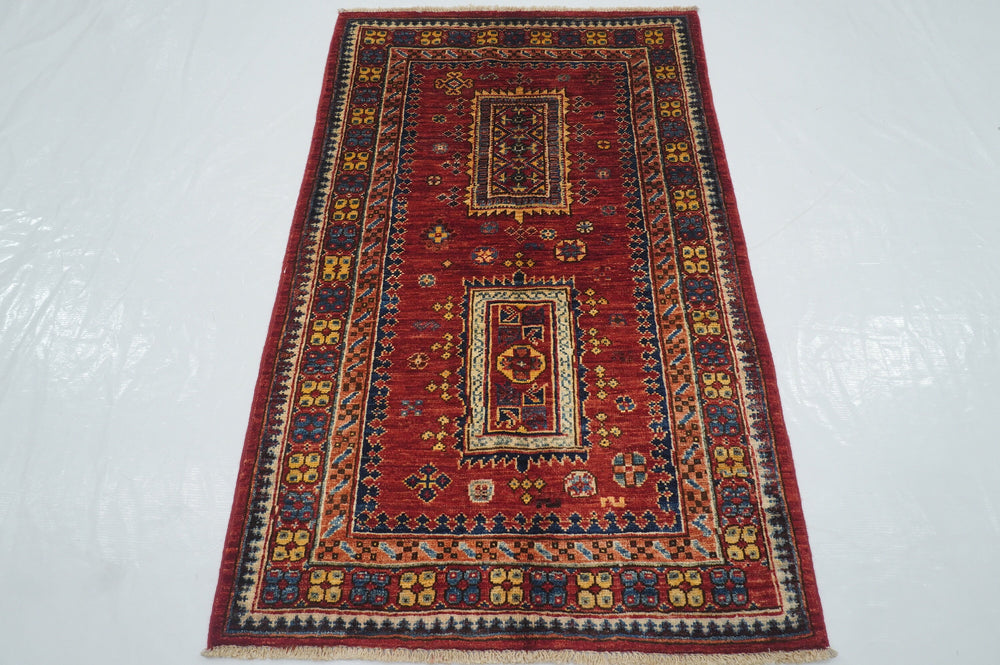 3x4 Tribal Baluch Red Afghan Hand knotted Area Rug - Yildiz Rugs