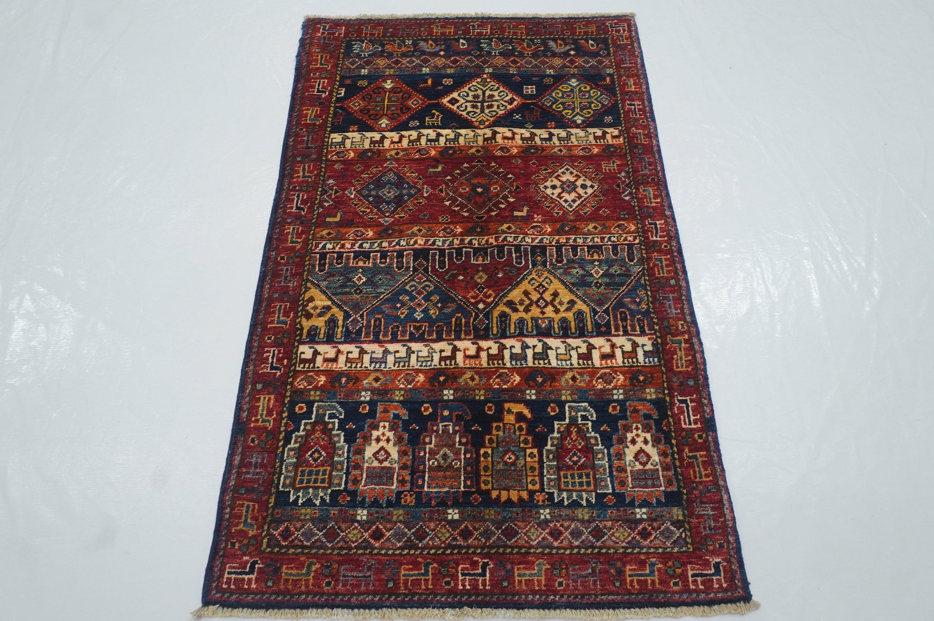 3x4 Gabbeh Navy Blue Nomadic Tribal Afghan Hand knotted Rug - Yildiz Rugs