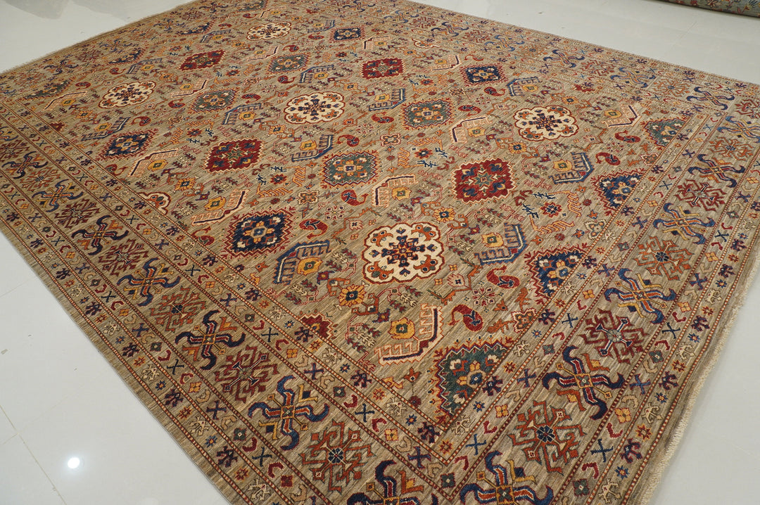 10x14 Taupe Beige Kazak Afghan Hand knotted Oriental Area Rug - Yildiz Rugs