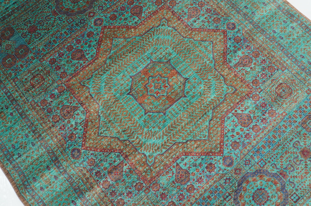 6x8 Turquoise Blue Mamluk Turkish Hand Knotted Geometric Medallion Rug - Yildiz Rugs