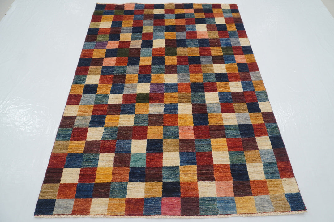 5x7 Checkered Box Multicolor Afghan Hand knotted check Rug - Yildiz Rugs