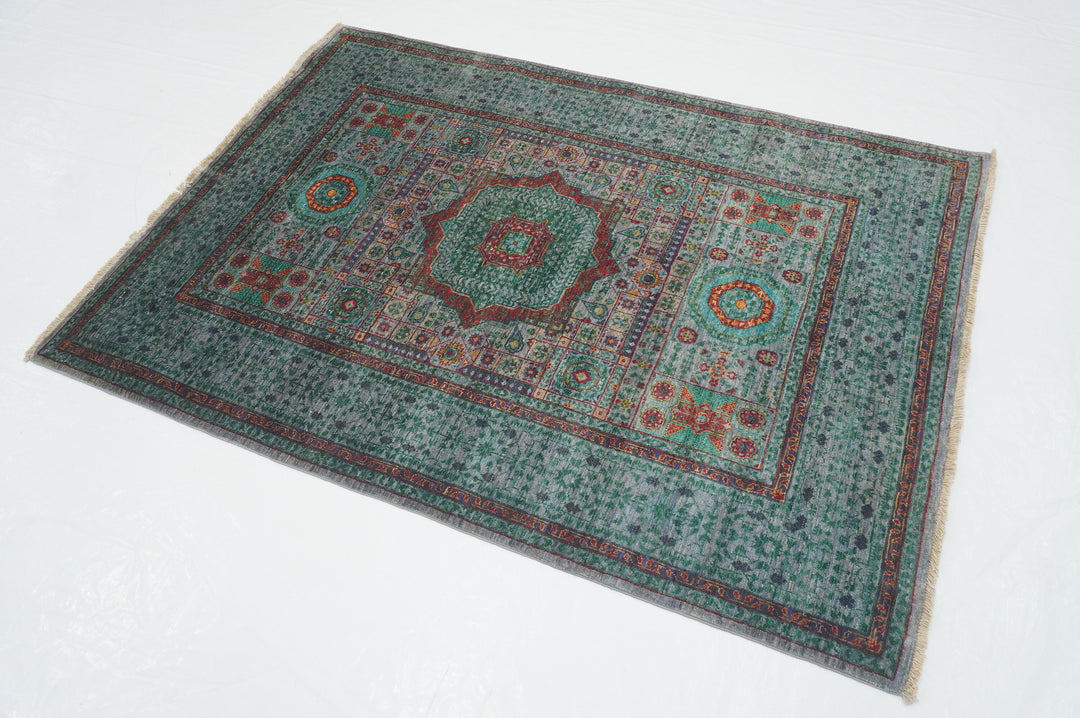 4x6 Gray Green Mamluk Turkish Hand Knotted Wool Medallion Rug - Yildiz Rugs