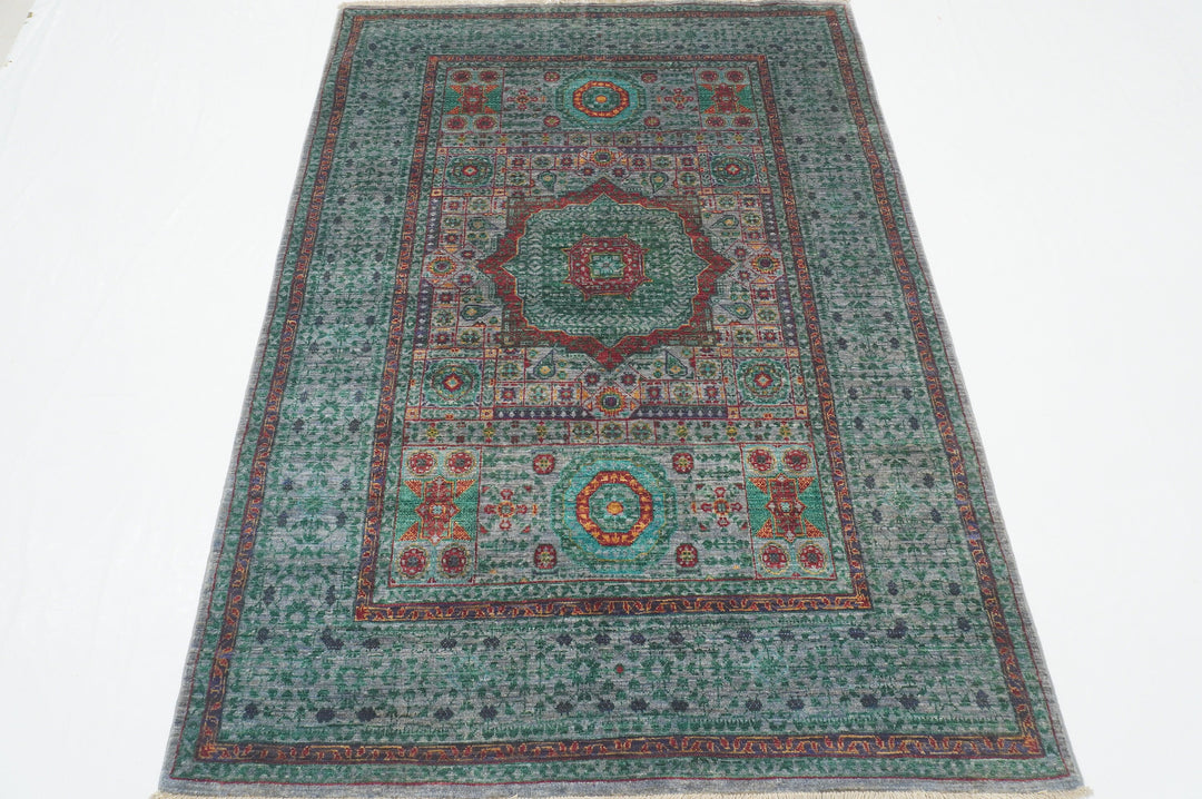 4x6 Gray Green Mamluk Turkish Hand Knotted Wool Medallion Rug - Yildiz Rugs