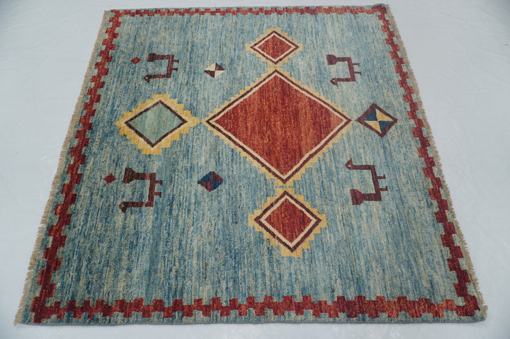 5x5 Blue Gabbeh Afghan Hand knotted Square Rug - Yildiz Rugs