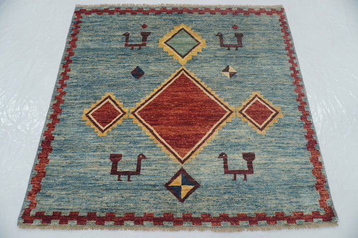 5x5 Blue Gabbeh Afghan Hand knotted Square Rug - Yildiz Rugs