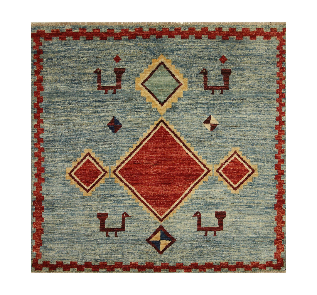 5x5 Blue Gabbeh Afghan Hand knotted Square Rug - Yildiz Rugs