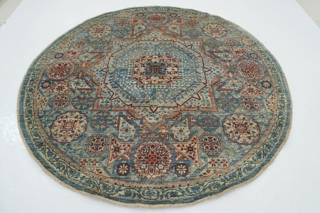 7x7 Blue Mamluk Turkish Hand knotted Wool Round Rug - Yildiz Rugs