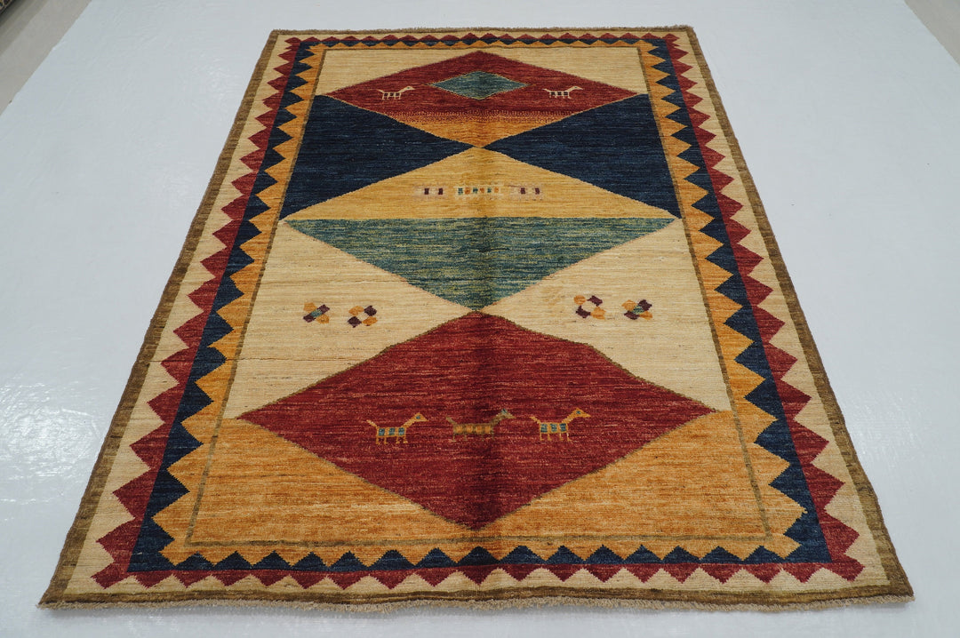 5x7 Tribal Gabbeh Beige Gold Afghan Hand knotted Rug - Yildiz Rugs