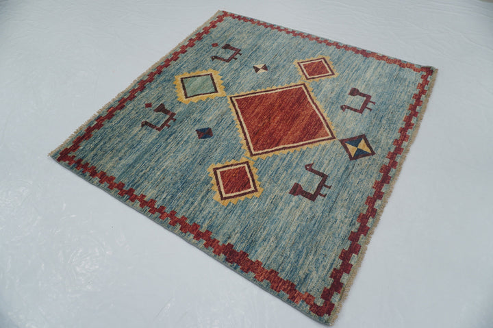 5x5 Blue Gabbeh Afghan Hand knotted Square Rug - Yildiz Rugs