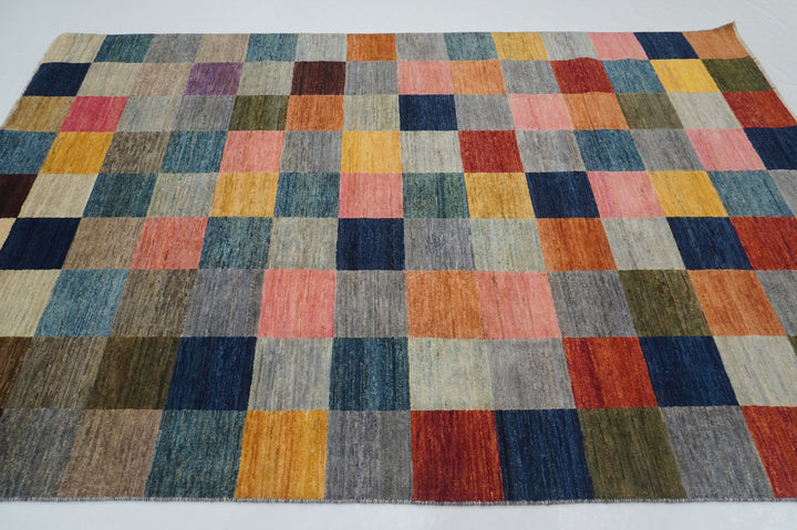 6x9 Checkered Gray Gabbeh Multicolor Afghan Hand knotted Rug - Yildiz Rugs