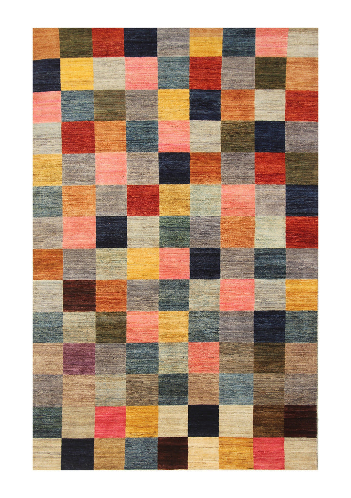 6x9 Checkered Gray Gabbeh Multicolor Afghan Hand knotted Rug - Yildiz Rugs