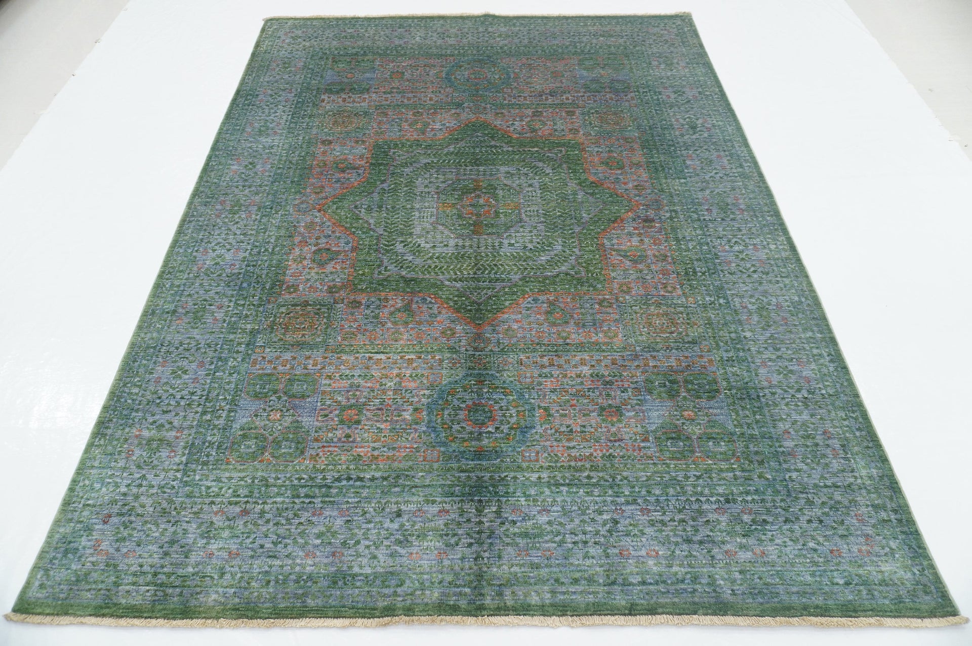 6x8 Green Blueish Gray Mamluk Hand Knotted Turkish Medallion Rug - Yildiz Rugs