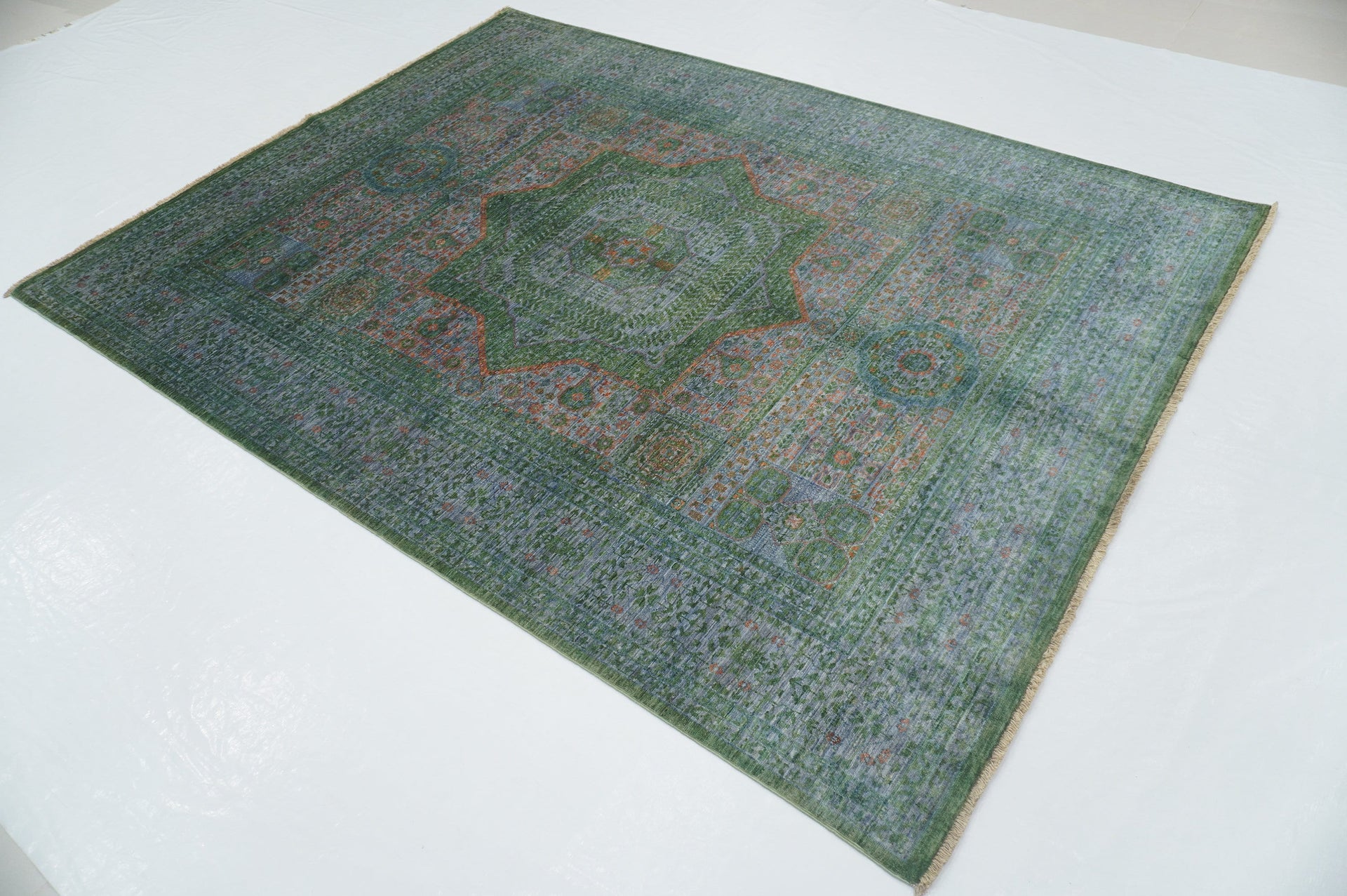 6x8 Green Blueish Gray Mamluk Hand Knotted Turkish Medallion Rug - Yildiz Rugs