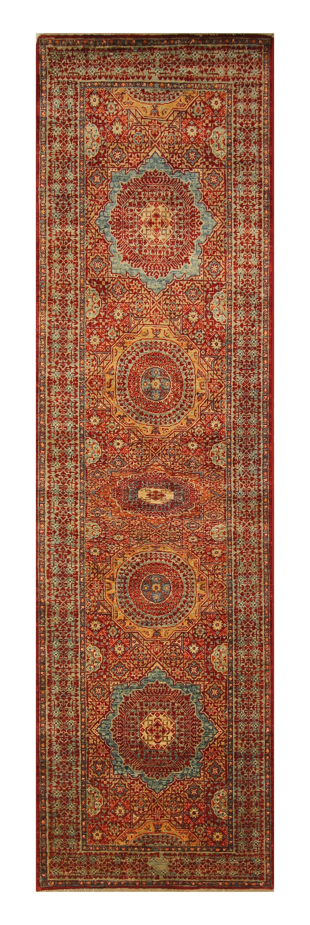 9 ft Mamluk Classic Red Hand knotted Wool Turkish Runner Rug - Yildiz Rugs