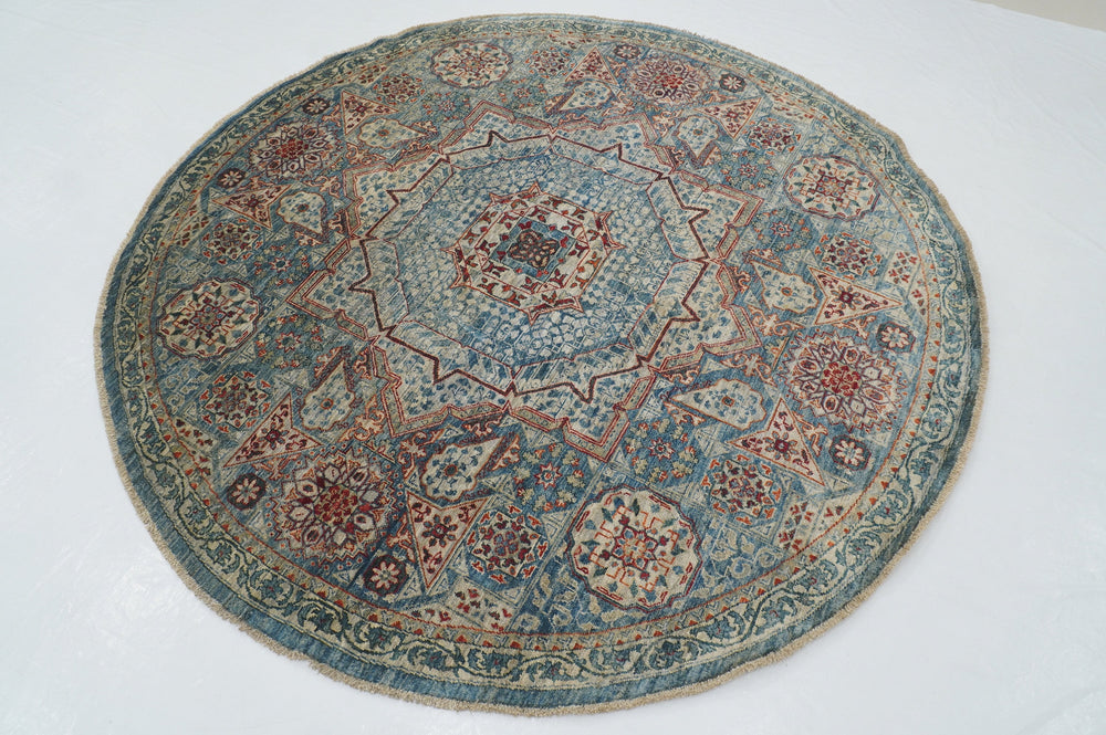 7x7 Blue Mamluk Turkish Hand knotted Wool Round Rug - Yildiz Rugs