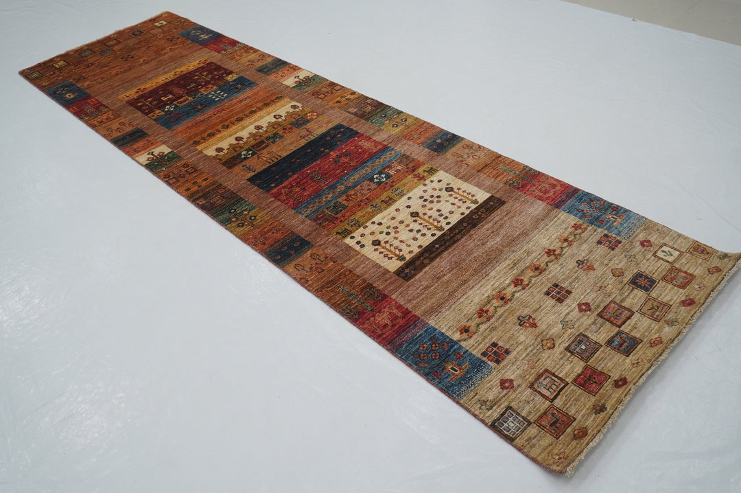 10 ft Brown Gabbeh Kashkuli Afghan Hand knotted runner rug - Yildiz Rugs