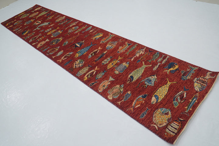 11 ft Fish Red Gabbeh Afghan Hand knotted Runner Rug - Yildiz Rugs