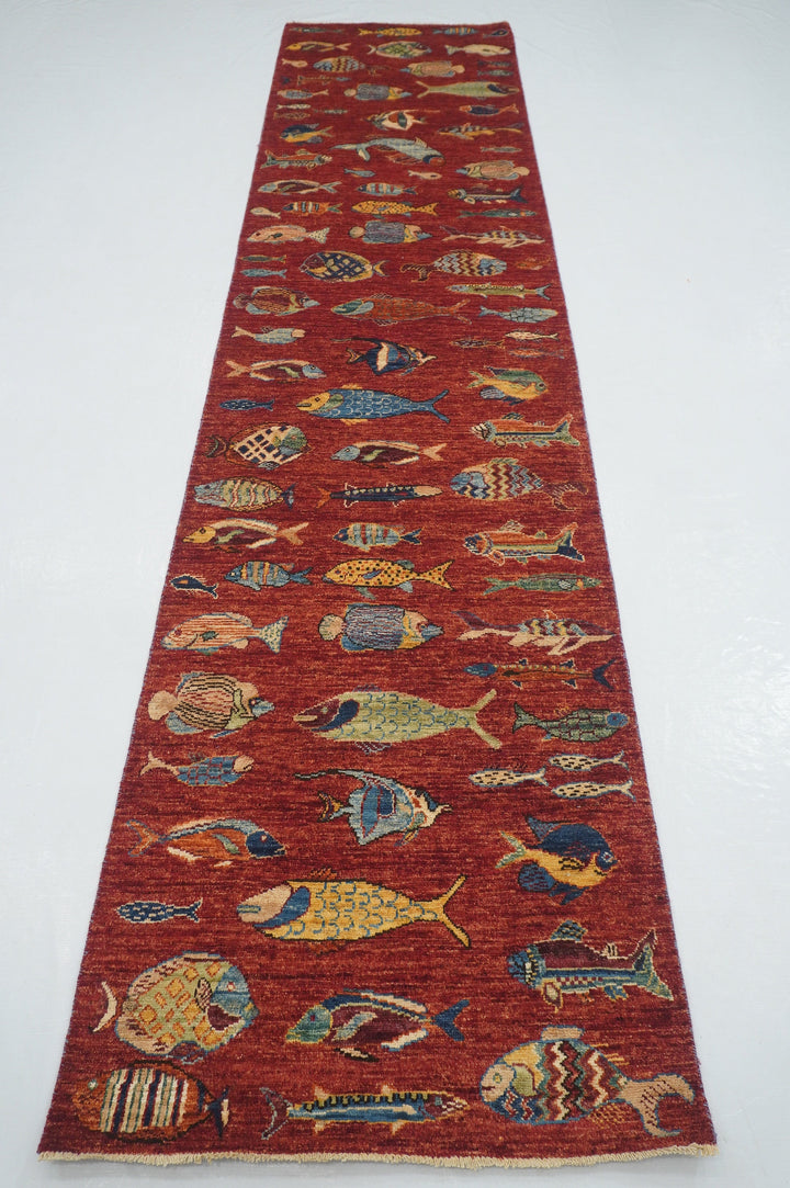 11 ft Fish Red Gabbeh Afghan Hand knotted Runner Rug