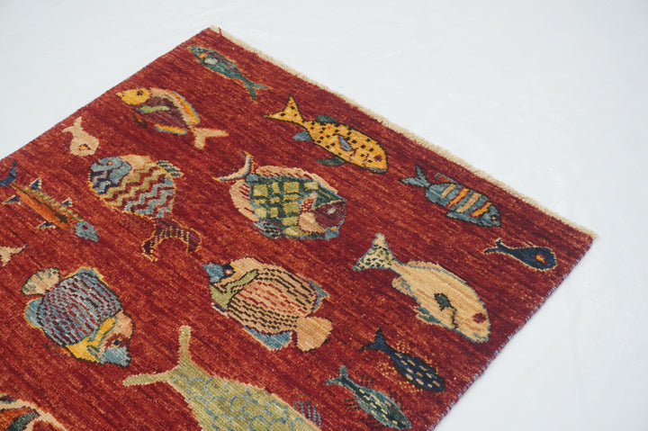 11 ft Fish Red Gabbeh Afghan Hand knotted Runner Rug