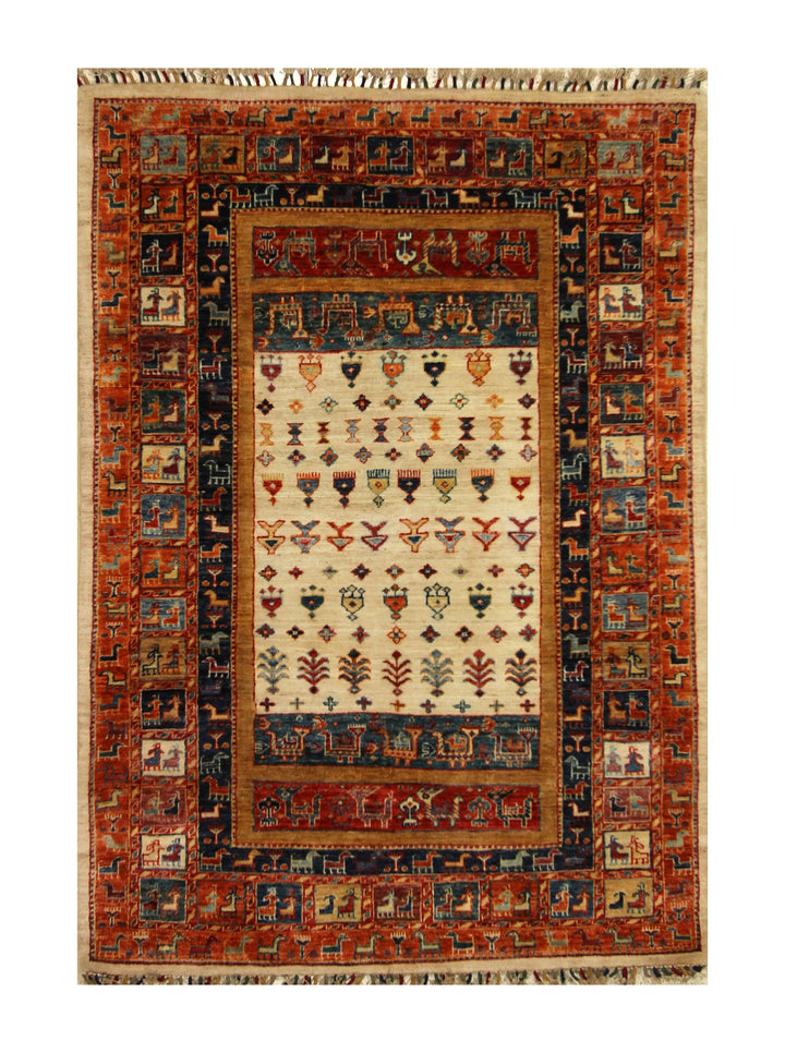 4x6 Beige Tribal Gabbeh Nomadic Afghan Hand knotted Animal rug
