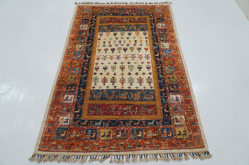 4x6 Beige Tribal Gabbeh Nomadic Afghan Hand knotted Animal rug - Yildiz Rugs