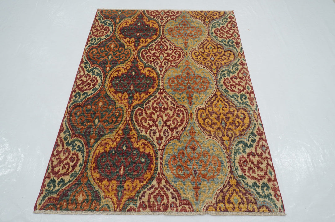 4x6 Ikat Multicolor Afghan Hand Knotted wool  Rug