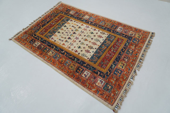 4x6 Beige Tribal Gabbeh Nomadic Afghan Hand knotted Animal rug - Yildiz Rugs