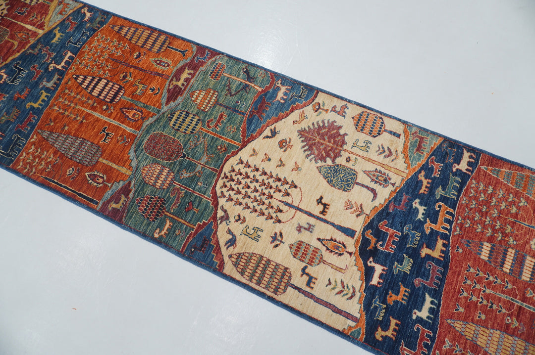 SOLD 12 ft Blue Gabbeh Tree of Life Animal Landscape Hand knotted Runner Rug