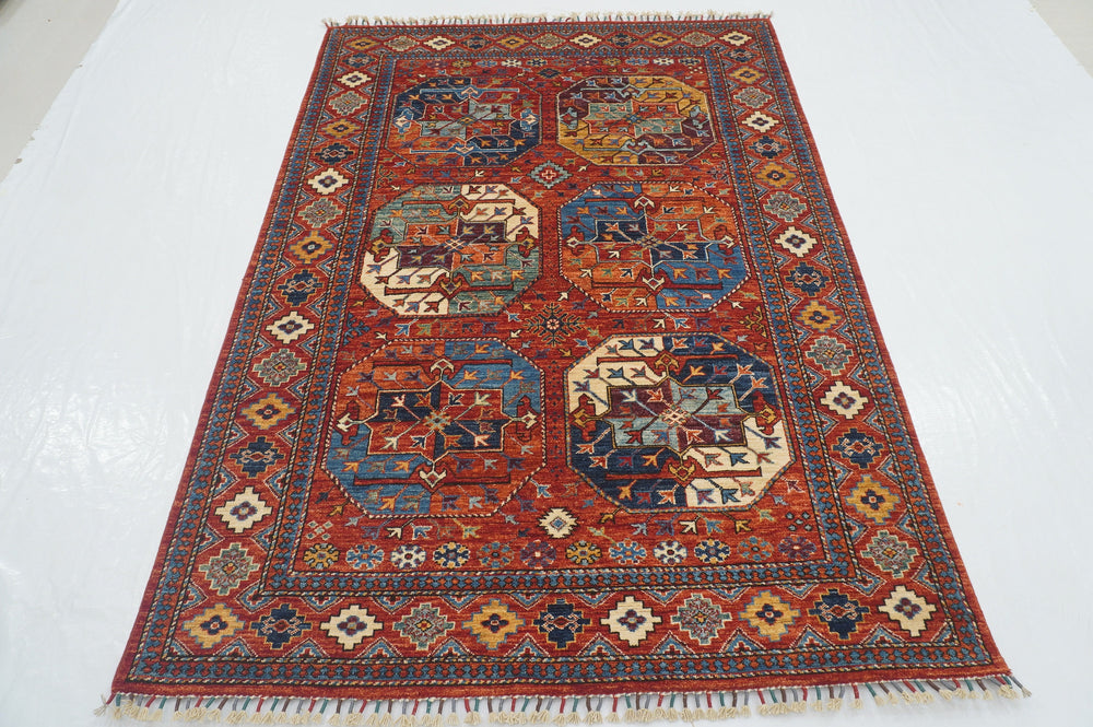 5x7 Red Turkmen Ersari Afghan hand knotted Tribal Rug - Yildiz Rugs