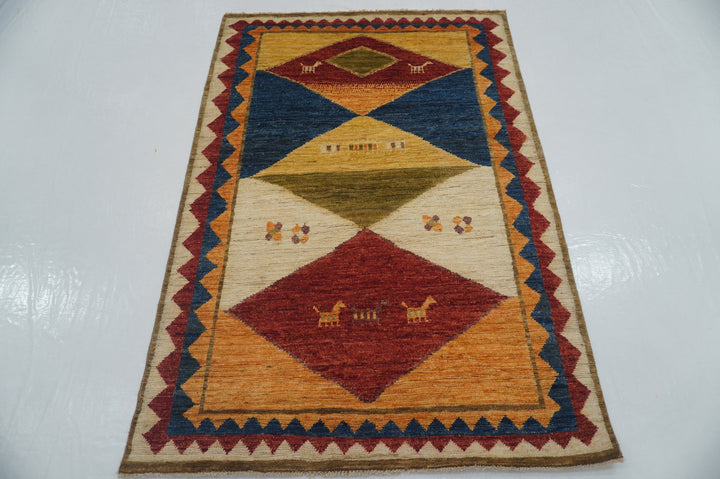 4x6 Tribal Gabbeh Beige Afghan Nomadic Hand knotted Thick wool Rug