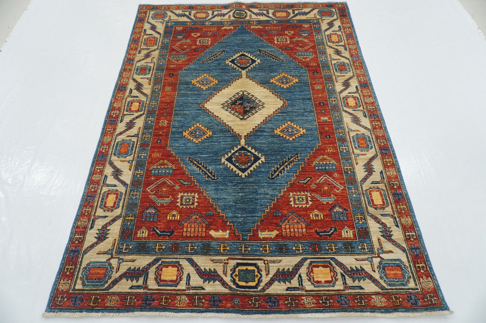 5 x 7 Blue Red Beige Serapi Afghan Hand knotted Oriental Rug - Yildiz Rugs