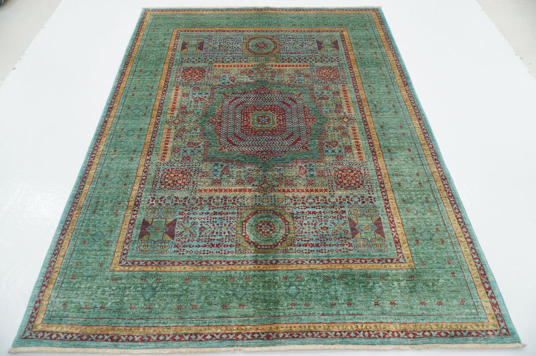 6x8 Soft Blue Green Mamluk Turkish Hand Knotted Geometric Medallion Rug - Yildiz Rugs