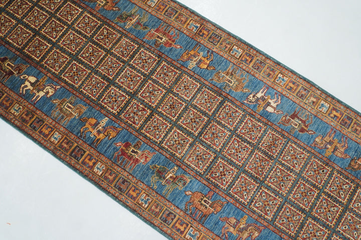 3 x 10 ft Blue Afghan Pazyryk Hand Knotted Tribal Runner Rug