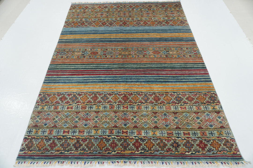 6x8 Blue Tribal Gabbeh Afghan Hand knotted Rug - Yildiz Rugs