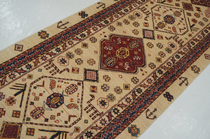 3 x 12 Ft Beige Afghan Tribal Qashqai hand knotted Runner Rug - Yildiz Rugs