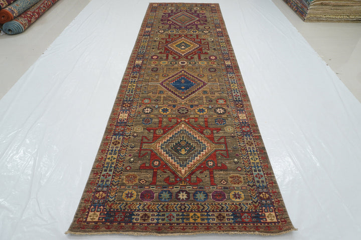 4 x 13 ft Taupe Gray Kazak Afghan Hand knotted Tribal Wide Runner Rug