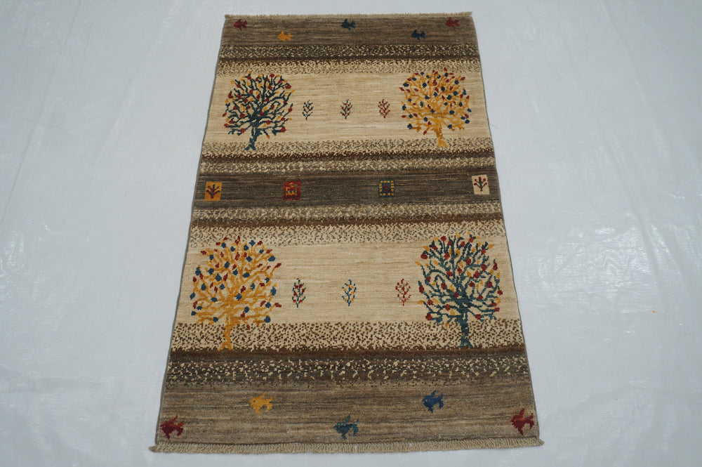 3x4 Gray Beige Tree Gabbeh Afghan Hand Knotted Tribal Landscape Rug - Yildiz Rugs