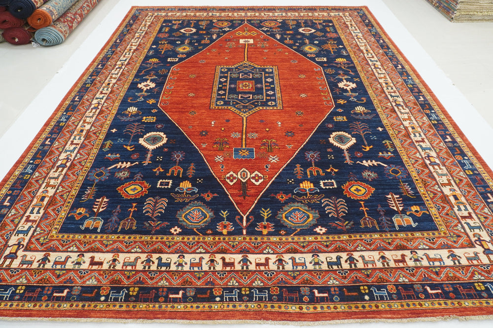 9x12 Red Navy Blue Tribal Gabbeh Nomad Qashqai Hand knotted Oriental Rug - Yildiz Rugs