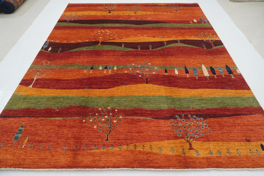 8x10 Rusty Red Orange Tribal Landscape Gabbeh Afghan Hand knotted Rug - Yildiz Rugs