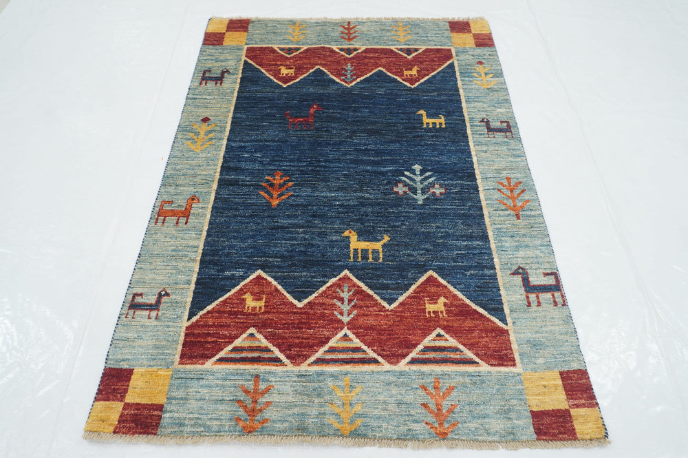 4x6 Navy Blue Tribal Gabbeh Afghan Hand knotted Rug - Yildiz Rugs