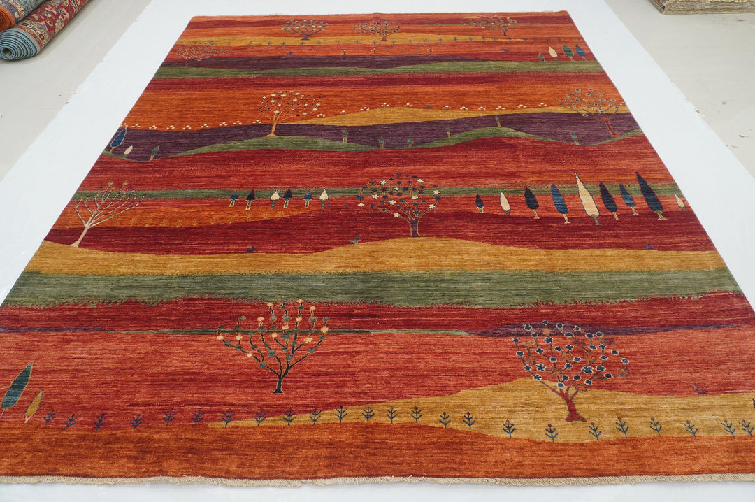 8x10 Landscape Gabbeh Rusty Red Orange Tribal Afghan Hand knotted Rug - Yildiz Rugs