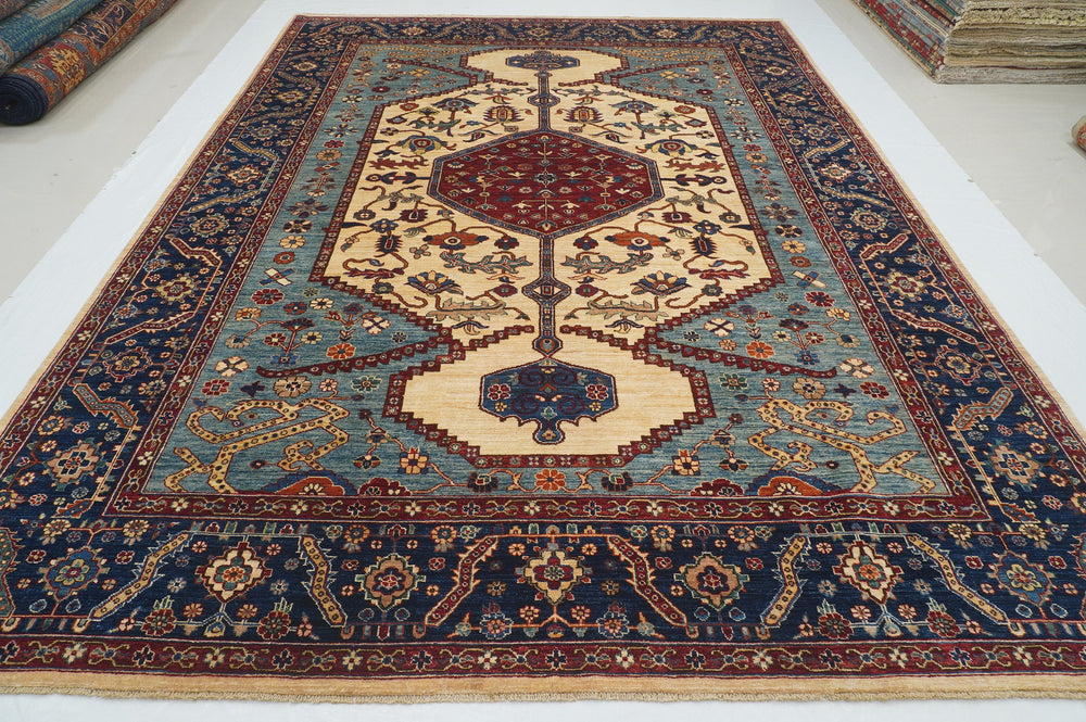 9x12 Beige Blue Serapi Afghan Hand Knotted Oriental Medallion Rug - Yildiz Rugs