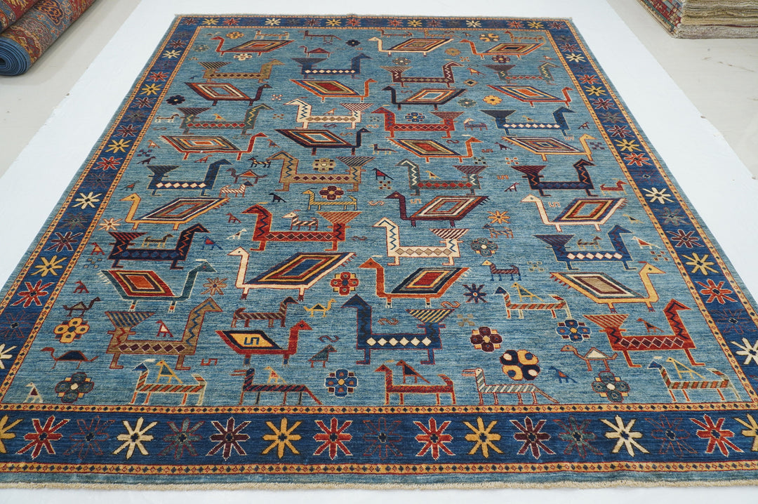 8x10 Blue Animal Gabbeh Tribal Afghan Nomadic Hand Knotted Rug - Yildiz Rugs