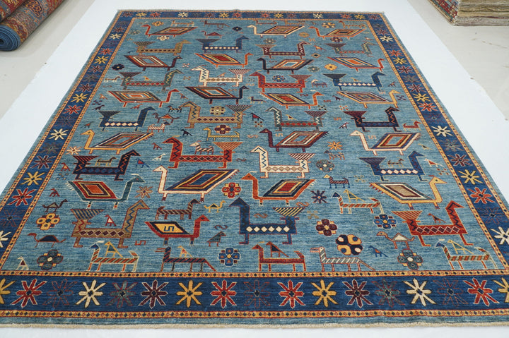 8x10 Blue Animal Gabbeh Tribal Afghan Nomadic Hand Knotted Rug - Yildiz Rugs